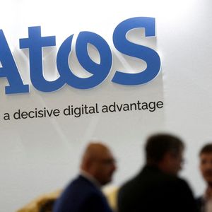 Le logo d'Atos photographié à l'occasion du Salon Eurosatory à Villepinte, près de Paris, le 13 juin 2022.