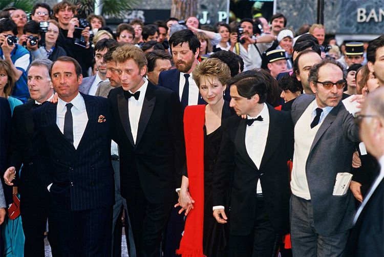 Jean-Luc Godard, Claude Brasseur, Johnny Hallyday, Nathalie Baye, Jean-Pierre Léaud au festival de Cannes en mai 1985