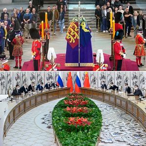 En haut, à Westminster, le cercueil d'Elizabeth II devant lequel se presse la foule. En bas, à Samarcande, la réunion annuelle de l'OCS, anciennement appelé groupe de Shanghai, avec Poutine et Xi Jinping.