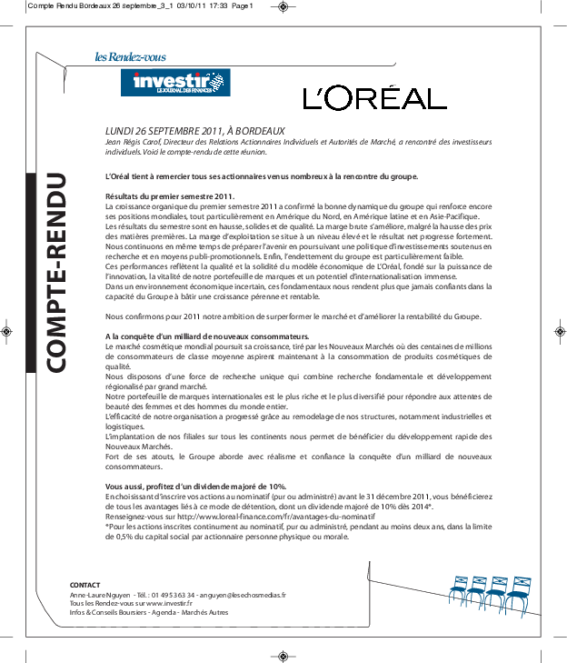 Compte-rendu de la réunion d'actionnaires L'Oréal du 26 septembre à Bordeaux