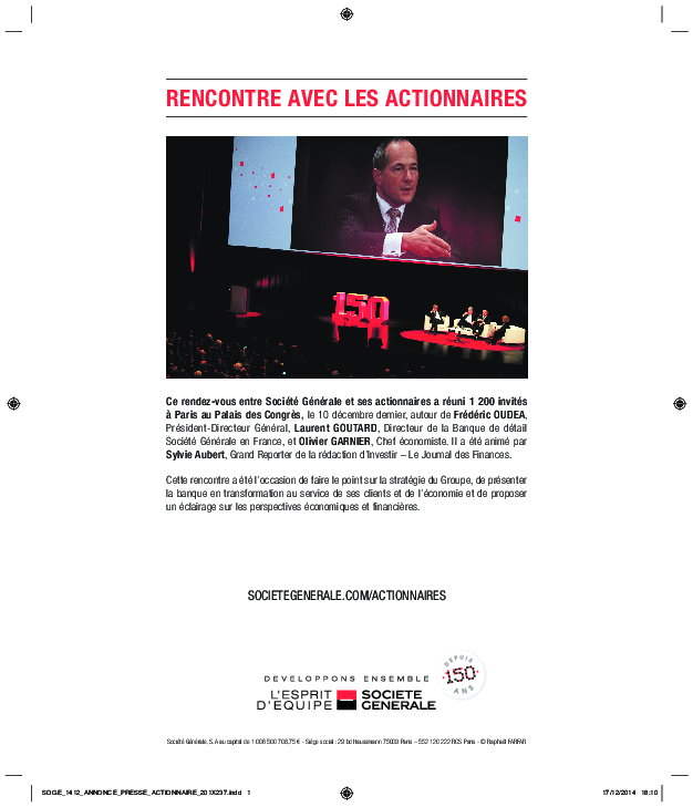 Compte rendu réunion d'actionnaires SOCIETE GENERALE du 10 décembre 2014 à Paris