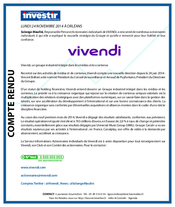 Compte rendu réunion d'actionnaires VIVENDI du 24 novembre 2014 à Orléans
