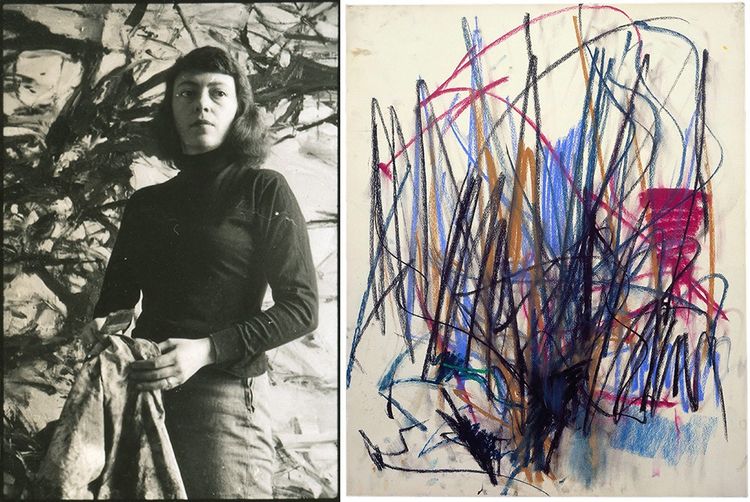 Joan Mitchell, photographiée dans son atelier new-yorkais en 1954, un an avant son départ pour la France. À droite : «Tilleul», pastel réalisé en 1978.