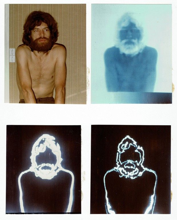 Photograph of Mick Jagger and thermographs (circa 1980), page from the book “The Thermography Trace” by Roy Adzak.