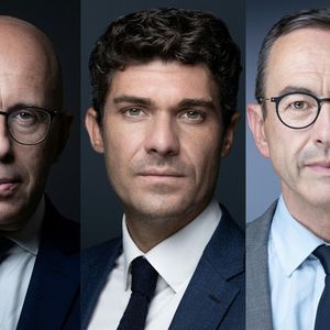 Les trois prétendants à la présidence du parti Les Républicains, de gauche à droite, Eric Ciotti, Aurélien Pradié et Bruno Retailleau.
