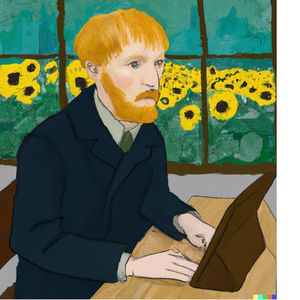 Cette image originale a été générée à notre demande par l'outil « Dall-e », développé par OpenAI, en indiquant comme requête : « Vincent Van Gogh using computer ».