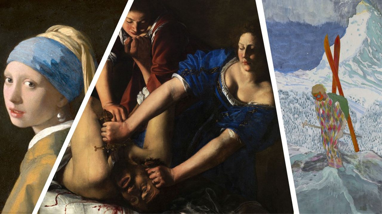 De gauche à droite : « La Jeune Fille à la perle » (1664-67), Johannes Vermeer ; « Judith décapitant Holopherne » (1612-13), Artemisia Gentileschi, ; « Alpinist » (2002), Peter Doig.