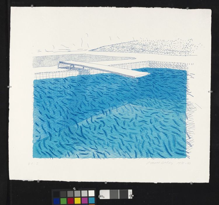 « Lithographic Water Made of Lines, Crayon and Two Blue Washes Without Green Wash » (1978-1980), David Hockney.