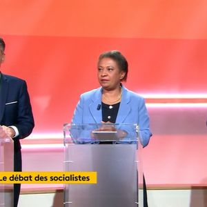 Les trois candidats au poste de premier secrétaire, Olivier Faure, Hélène Geoffroy et Nicolas Mayer-Rossignol vendredi soir sur franceinfo.