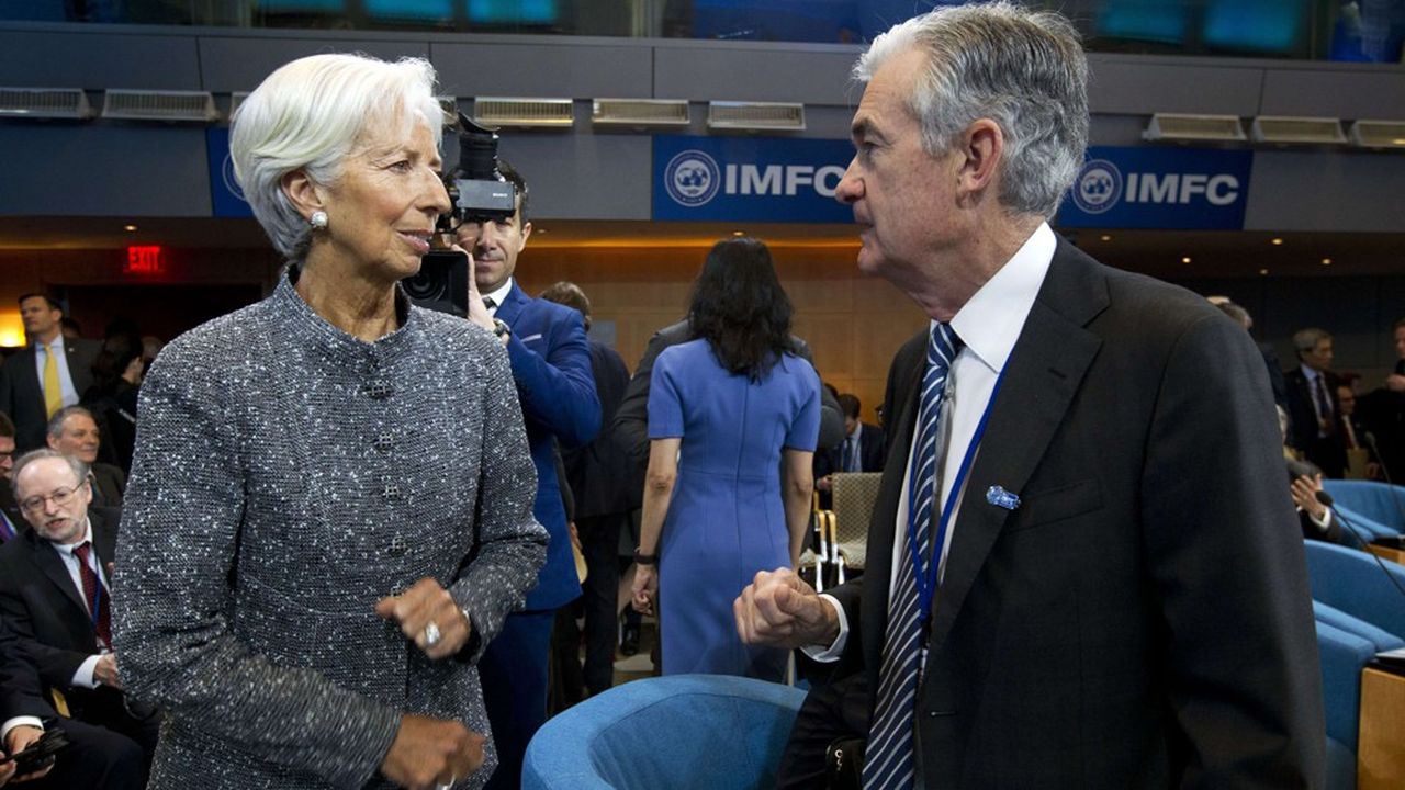 Christine Lagarde, la présidente de la BCE, et Jerome Powell, le président de la Fed, à Washington, le 13 avril 2019.
