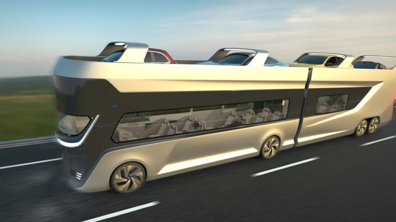 Le bus Symone permet de charger des véhicules tout en transportant leurs conducteurs.