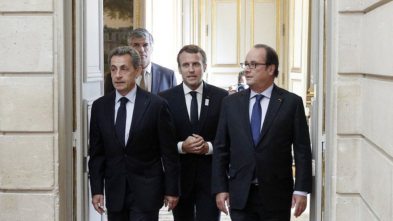 Nicolas Sarkozy, Emmanuel Macron et François Hollande, à Paris, le 15 septembre 2017.