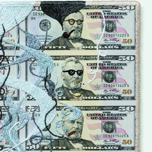 « Uncut Grant : Smokers » (2021), extrait de la série « Embroidered Money » de Stacey Lee Webber. L'artiste américaine brode des planches de billets de banque.