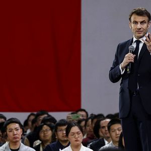 French President Emmanuel Macron gestures as he speaks to students at Sun Yat-sen University in Guangzhou on April 7, 2023. (Photo by LUDOVIC MARIN / AFP)