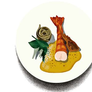 Au menu : le gambon rouge écarlate, flanqué d'une jolie fleur d'artichaut et d'un jus confectionné avec la tête du crustacé et de la verveine fraîche.