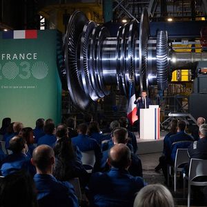 Emmanuel Macron lors de l'annonce de son programme de relance du nucléaire, à Belfort, en février 2022.