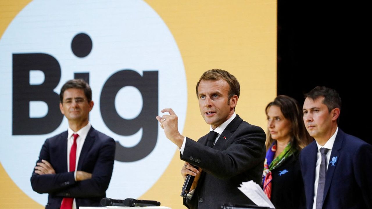 Emmanuel Macron lors de l'édition BIG 2021, avec, à sa droite, le président de Bpifrance, Nicolas Dufourcq. Le président de la République sera à nouveau présent lors de l'édition 2022 ce jeudi 6 octobre.