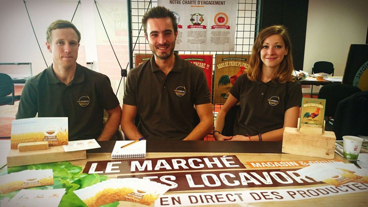 Les trois cofondateurs de Locavorium, un supermarché locavore près de Montpellier : Thibaud Piroux, Damien Roux, et Jessica Gros.
