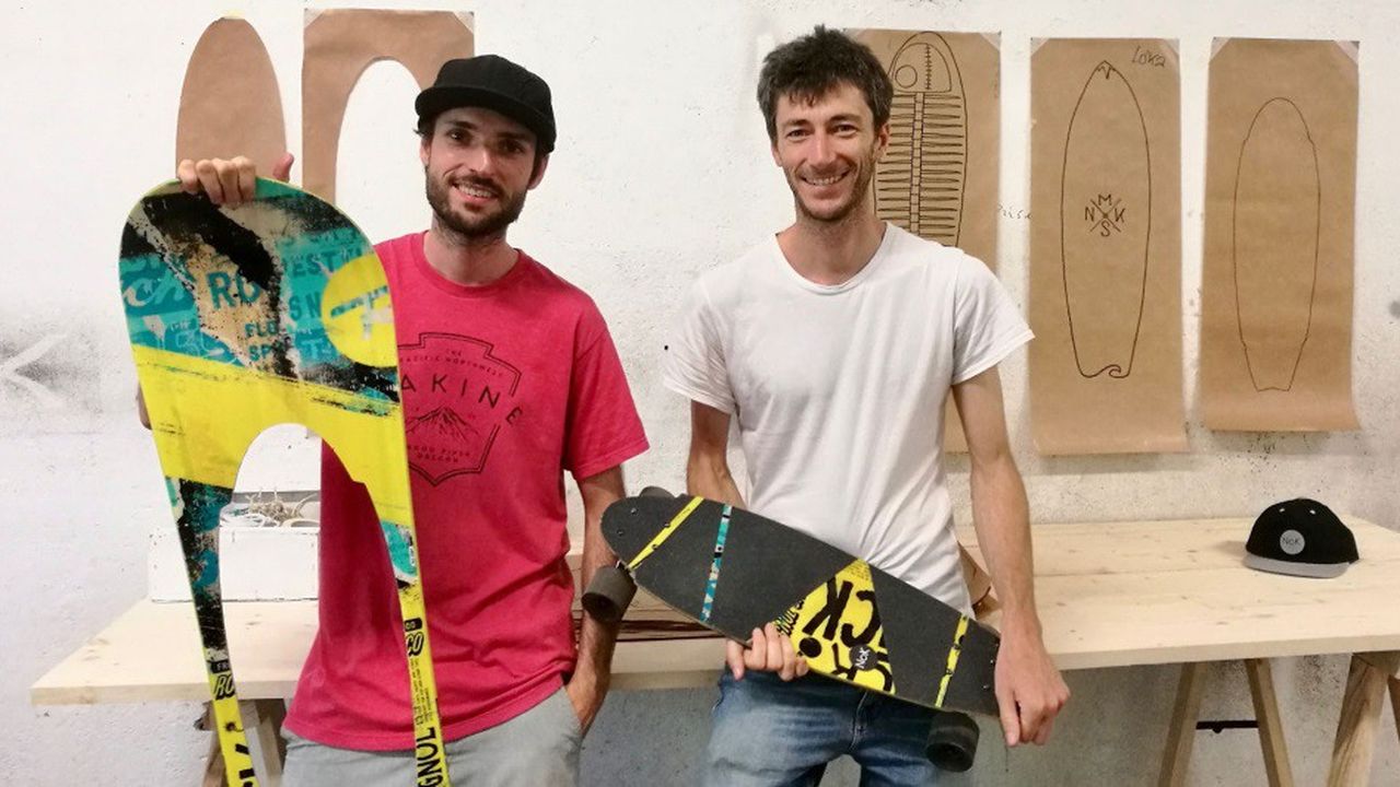 Anciens ingénieurs R&D chez Rossignol, Vincent Gélin et Adrien Réguis ont monté Nok Boards, une marque de skateboards fabriqués sur la base de snowboards en fin de vie.