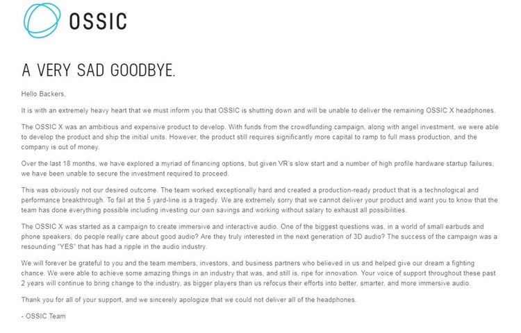 La start-up Ossic a annoncé qu'elle ne pourrait honorer les commandes et a annoncé sur son site sa fermeture.