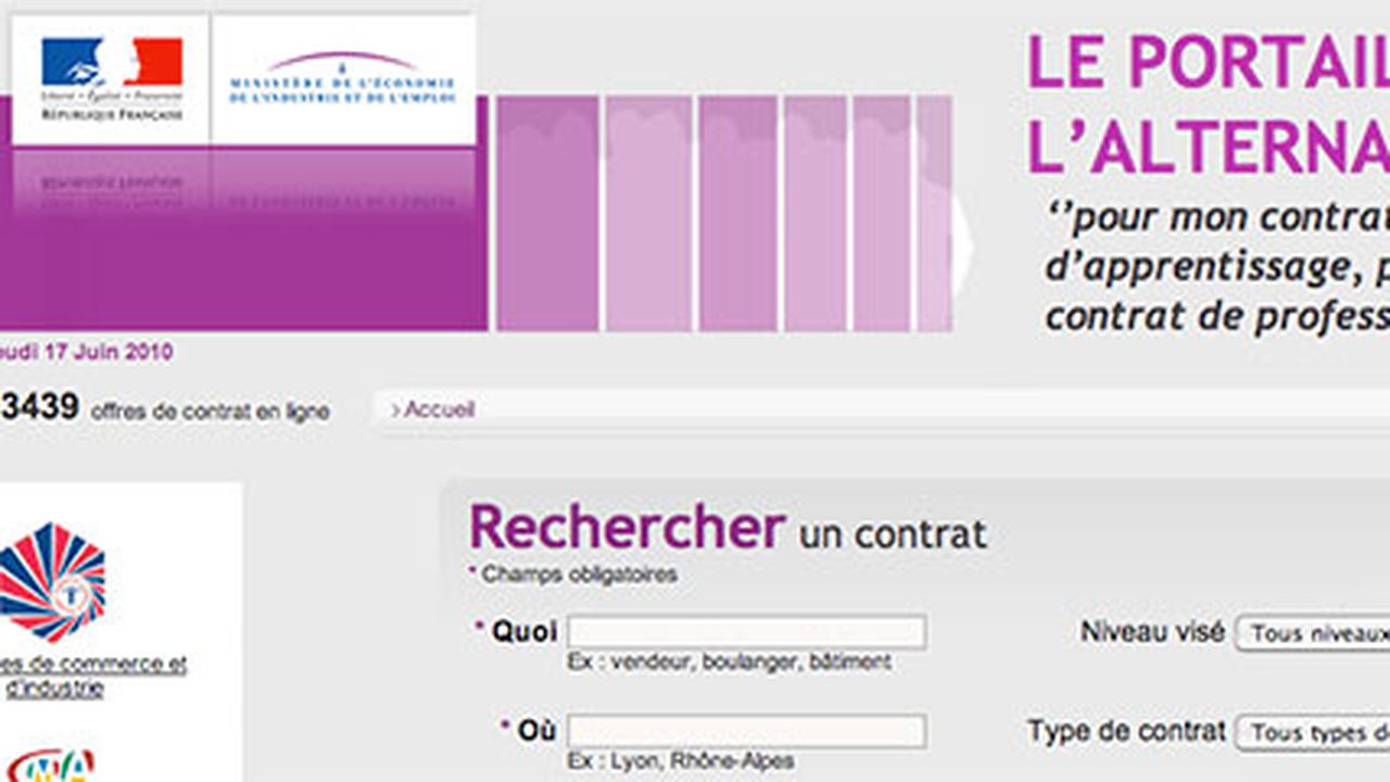 Le site www.contrats-alternance.gouv.fr, destiné à faciliter l'accès aux offres d'emplois aidés.
