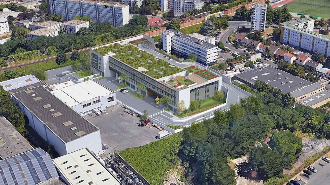Dans ce futur hôtel d'activités à Bobigny, la toiture devrait être couverte de panneaux solaires et d'une ferme urbaine (photo perspective).
