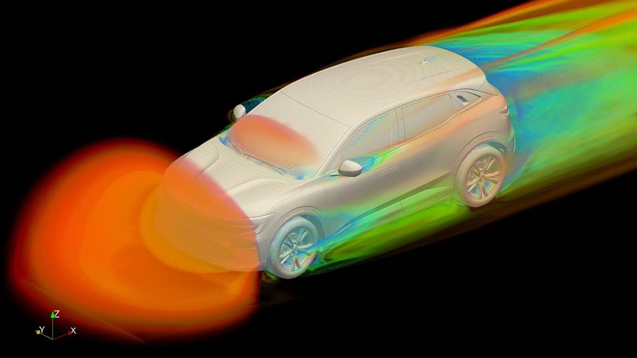 Des marques comme Alpine et Renault testent l'aérodynamisme des véhicules, comme ici la Mégane, grâce à des expérimentations virtuelles basées sur l'IA.