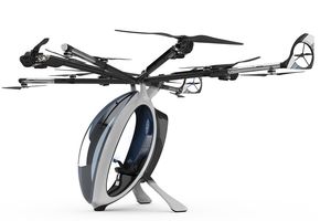 AirScooter se présente sous la forme d'un gros drone doté de 8 pâles surmontant un cockpit monoplace.