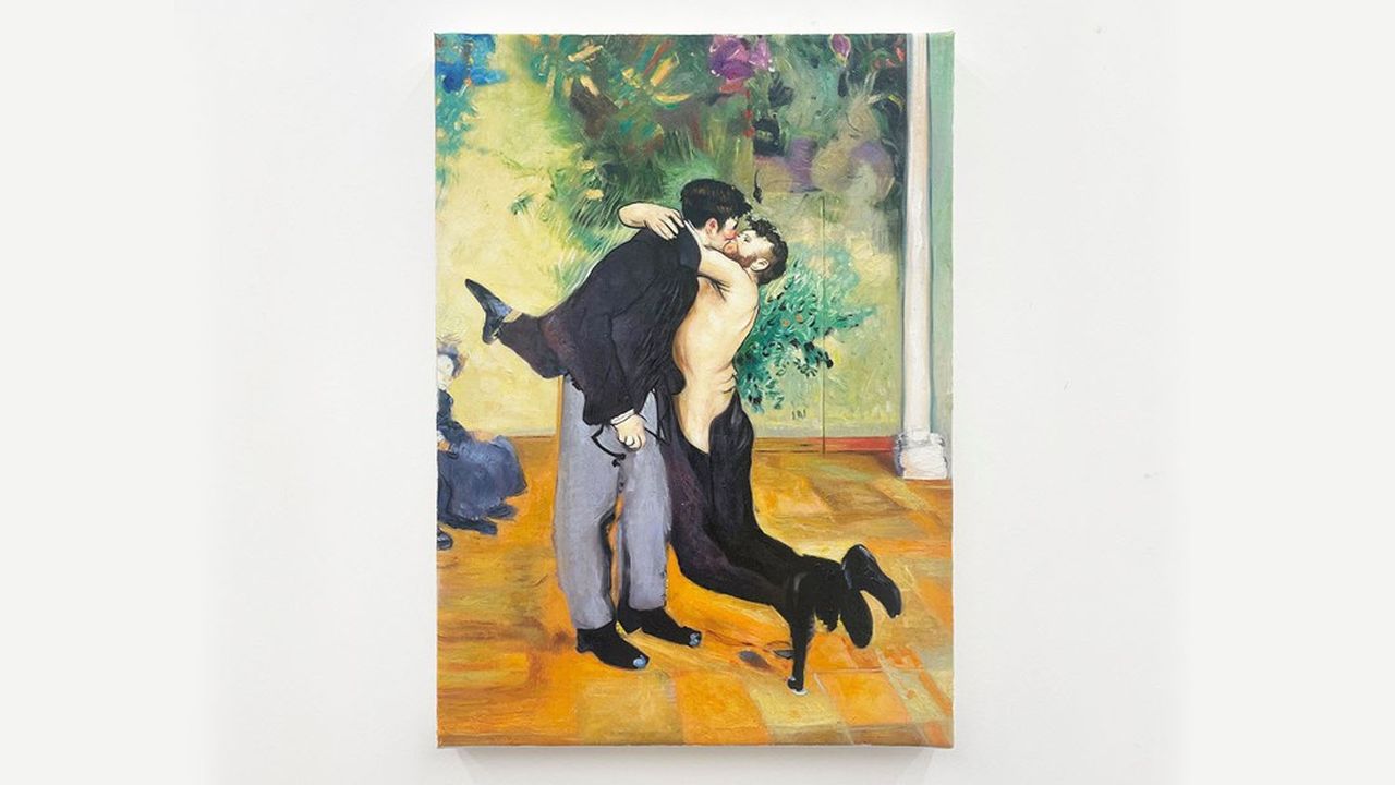 Kévin Blinderman (né en 1994) expose à la galerie Sultana plusieurs toiles dont les images ont été générées par l'intelligence artificielle selon la requête : imaginer un « gay kiss » dans le style de grands peintres. Ici, « Bisou Caramel 1 », inspiré de Manet, à vendre 2.500 euros.