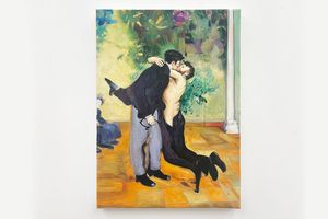 Kévin Blinderman (né en 1994) expose à la galerie Sultana plusieurs toiles dont les images ont été générées par l'intelligence artificielle selon la requête : imaginer un « gay kiss » dans le style de grands peintres. Ici, « Bisou Caramel 1 », inspiré de Manet, à vendre 2.500 euros.