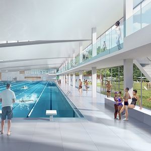 Construit par l'entreprise Myrtha Pools, ce bassin sera d'abord installé dans l'Arena de la Défense, à Nanterre, pour les épreuves olympiques de natation.