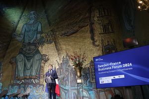 Emmanuel Macron s'adresse à la communauté des affaires depuis la mairie de Stockholm.