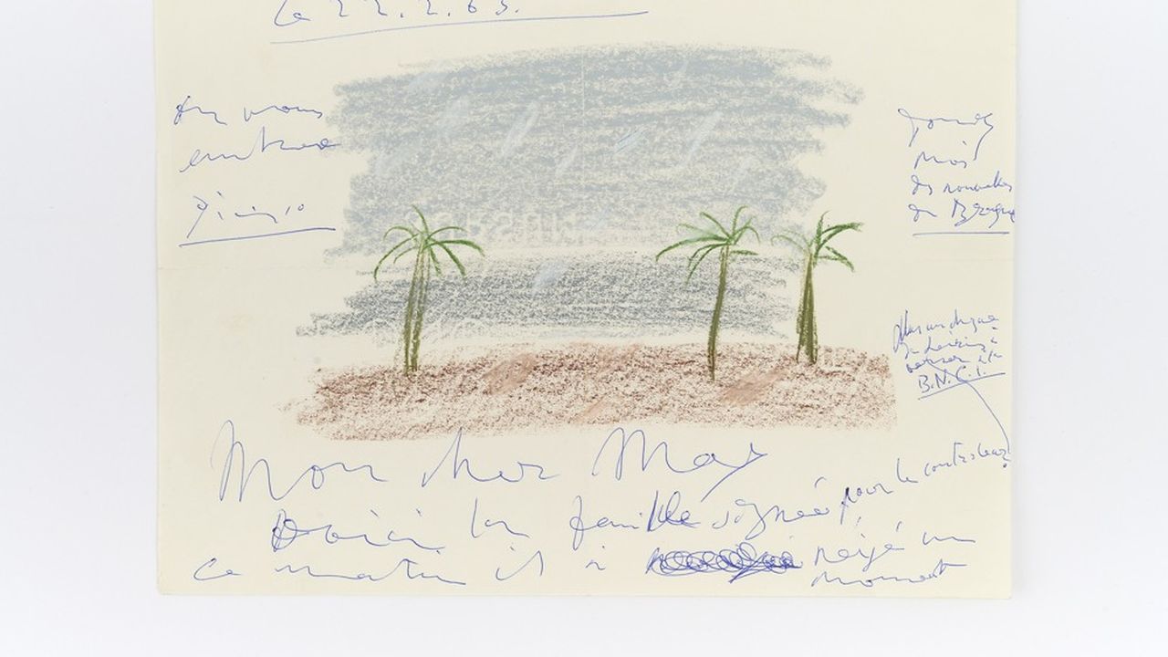 Dessin aux crayons au centre d'une lettre autographe de Pablo Picasso, de 1963, adressée à  Mon cher Max . Estimation : entre 5.000 et 7.000 euros.