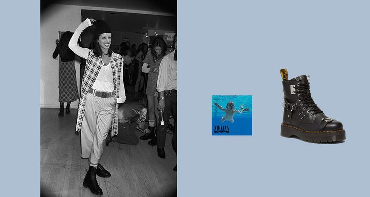 A gauche : le mannequin Christy Turlington au défilé Perry Ellis (direction artistique Marc Jacobs) en 1992, à la fashion week de New York. A droite : « Nevermind », l'album de Nirvana sorti en 1991, et le modèle de boots à plateforme Jadon Piercing en cuir, Dr. Martens.