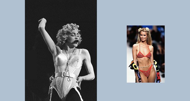 A gauche : Madonna, en corset signé Jean Paul Gaultier, lors du Blond Ambition Tour de 1990. A droite : Claudia Schiffer pour la collection printemps-été 1995 de Chanel.