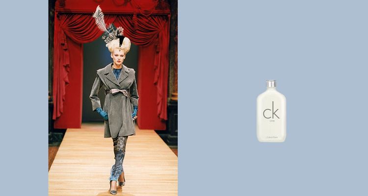 A gauche : collection Christian Lacroix haute couture automne-hiver 1998. A droite : parfum CK One de Calvin Klein.