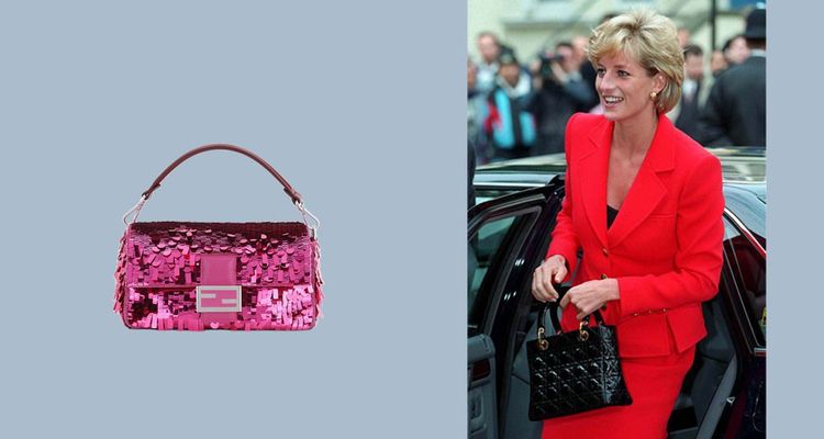 A gauche : sac Pink Baguette de Fendi, réédition du modèle originel. A droite : la princesse de Galles avec le sac Lady Dior en 1996.