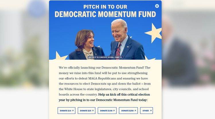 Sur le site Internet du Parti démocrate, la première fenêtre s'ouvre directement sur une demande de dons.