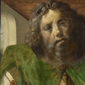 �«Platon,», huile sur toile de Juste de Gand, un des 28 portraits d'hommes illustres commandés par Frédéric III de Montefeltro pour son cabinet d'étude d'Urbino.