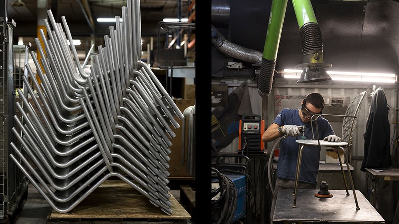 Dans l'usine de Thoissey, au sud de Mâcon. Les chaises de jardin Luxembourg (à gauche) et Lorette (à droite) sont préparées pour la phase de mise en peinture
