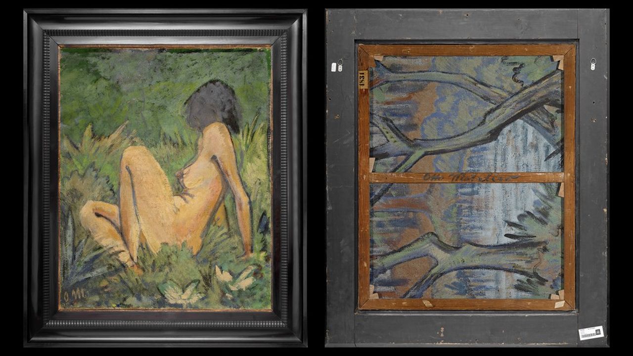Le marchand David Lévy expose à la Tefaf l'un des chefs-d'oeuvre de l'expressionniste allemand Otto Mueller : « Sitzender Akt in Landschaft » (recto, à gauche), « Landschaft » (verso, à droite), réalisé en 1925 (à vendre pour plus de 1,5 million d'euros).