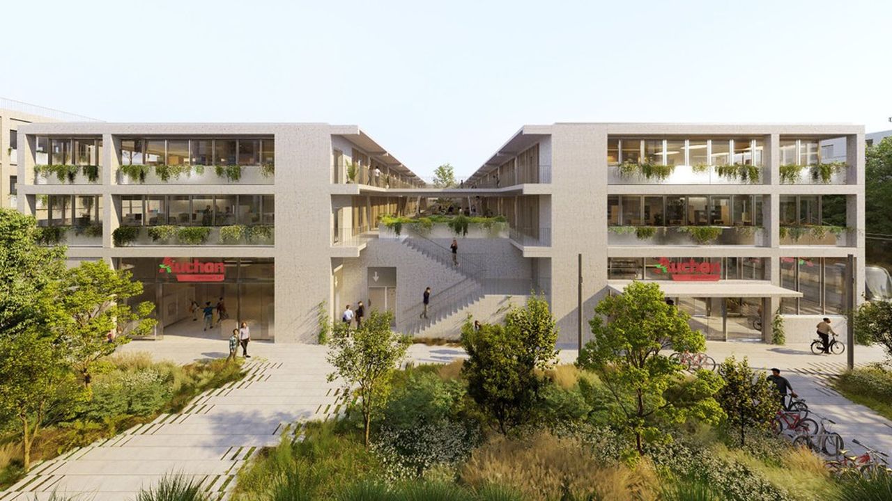 Le site de l'Allée Counord, à Bordeaux, verra la construction de logements et de services autour du supermarché Auchan, avec 22 % d'espaces verts (ici une vue d'architecte).