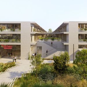 Le site de l'Allée Counord, à Bordeaux, verra la construction de logements et de services autour du supermarché Auchan, avec 22 % d'espaces verts (ici une vue d'architecte).