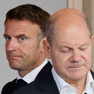 Emmanuel Macron et Olaf Scholz lors d'une conférence de presse conjointe à Hambourg, le 10 octobre 2023.