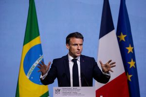 Emmanuel Macron durant le Forum économique France-Brésil à la Fédération des industries de l'Etat de Sao Paulo (Fiesp), mercredi 27 mars 2024.