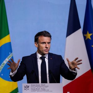 Emmanuel Macron durant le Forum économique France-Brésil à la Fédération des industries de l'Etat de Sao Paulo (Fiesp), mercredi 27 mars 2024.