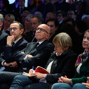 A la « Nuit de l'économie », mardi 9 avril 2024 à Paris, Annie Genevard, Christophe Gomart, Bruno Retailleau, Eric Ciotti, Emmanuelle Mignon et Céline Imart (de gauche à droite).