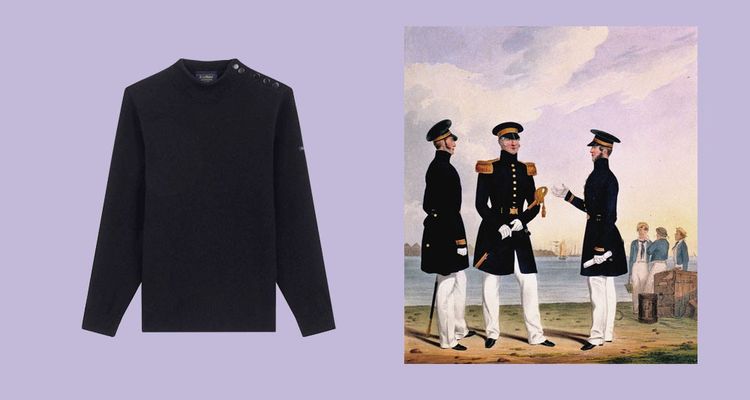 A gauche : pull marin Le Minor. A droite : costumes de la Royal Navy, lithographie du XIXe siècle.
