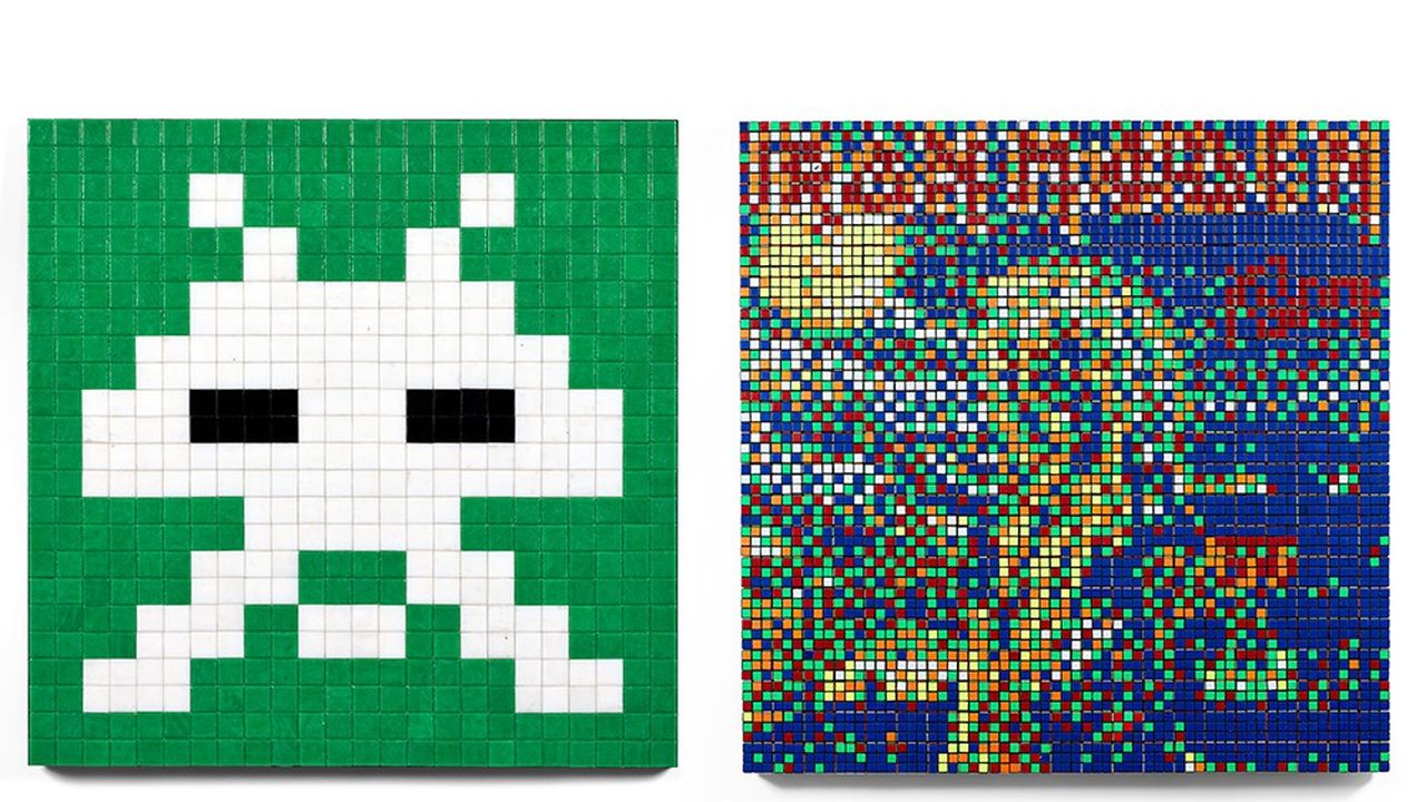 Deux oeuvres du Français Invader aux enchères : « Rubik Killers » (à gauche), estimé entre 150.000 et 250.000 euros et « Alias PA_810 » (de 60.000 à 80.000 euros).
