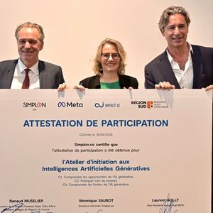 Véronique Saubot (Simplon.co), Renaud Muselier (Région PACA) et Laurent Solly (Meta) ont donné le coup d'envoi des premiers ateliers d'initiation à l'IA.
